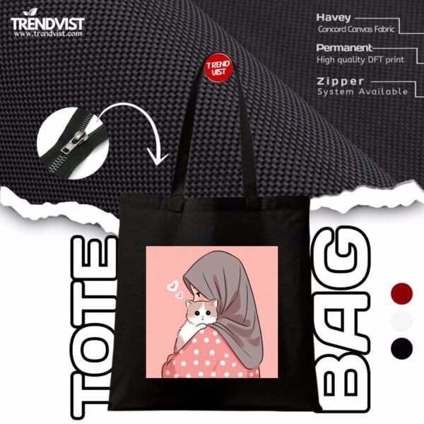 Girl and Cat Tote Bag (Black) With inner pocket
